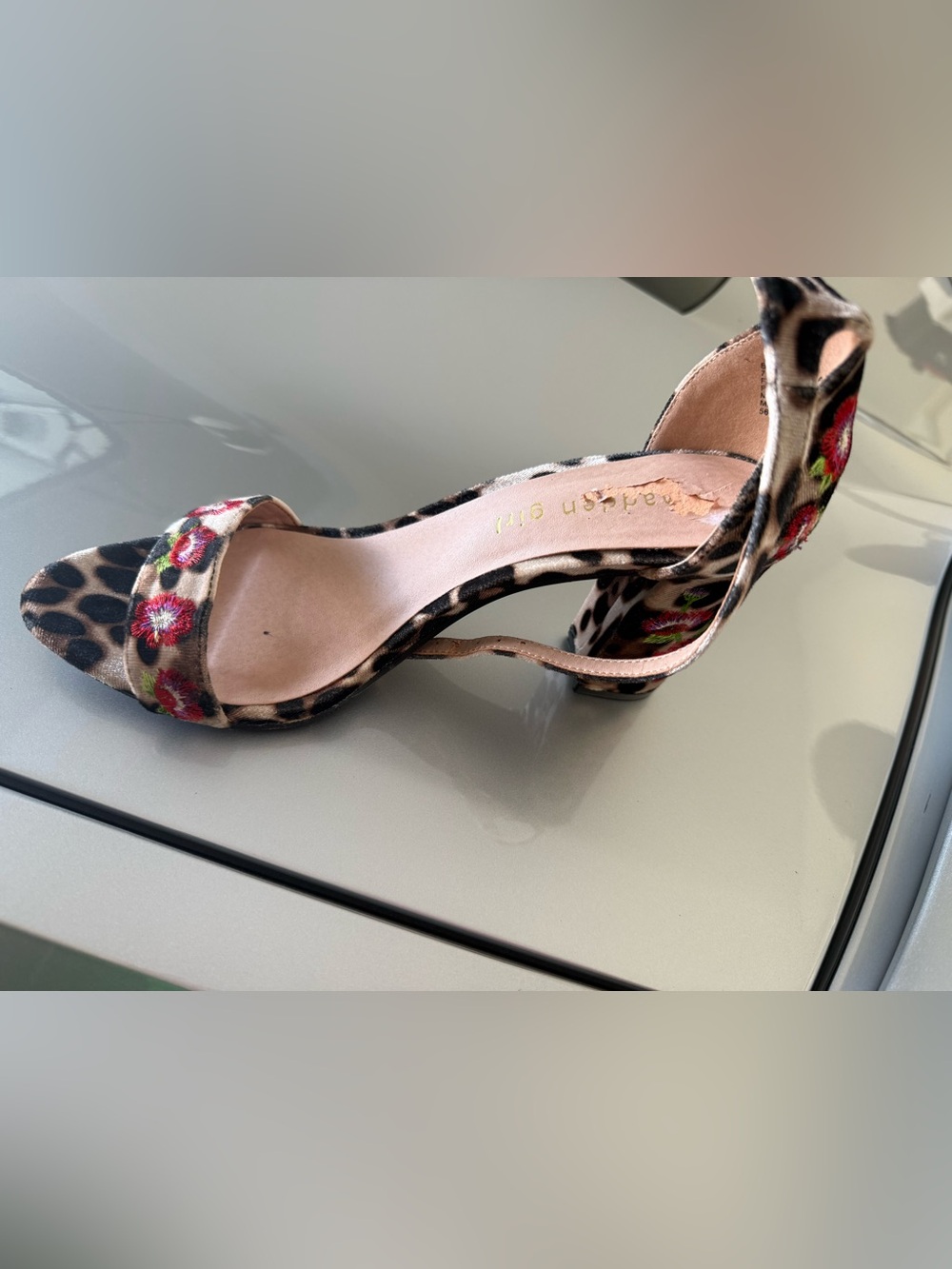 Madden Girl Leopard Embroidered Ankle-Strap Heel - Pink & Brown